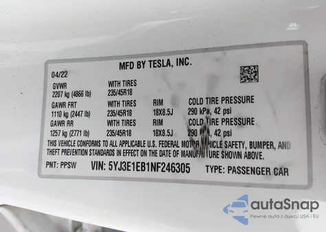2022 Tesla Model 3 Long Range Dual Motor All-Wheel Drive from USA, damaged, VIN 5YJ3E1EB1NF246305